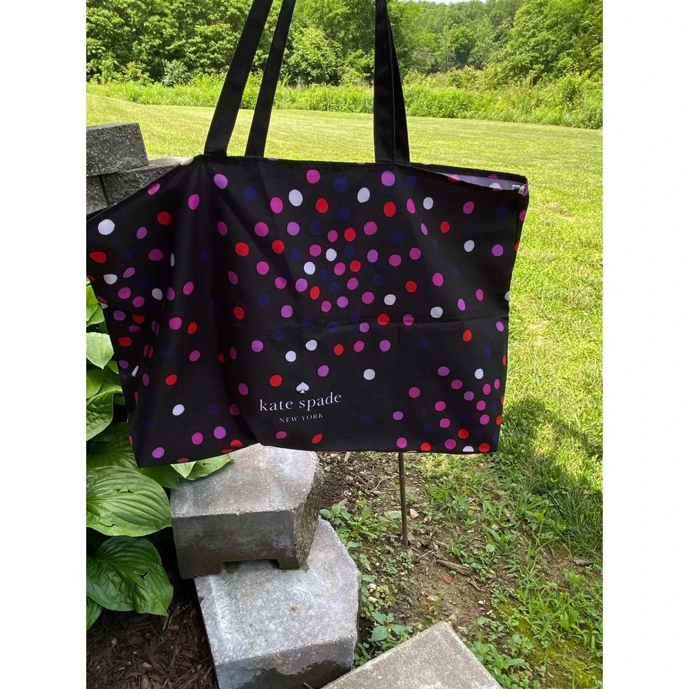 Kate Spade Black Polka Dot Tote Bag Large Nylon Travel Beach Shopper Carryall‎
